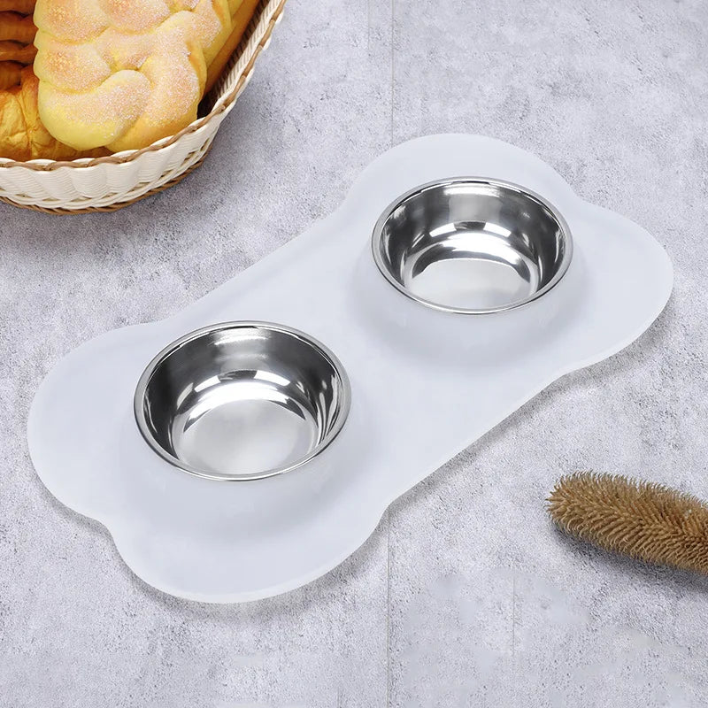 Antislip Double Dog Bowl With Silicone Mat Durable Stainless Steel Water Food Feeder Pet Feeding Drinking Bowls for Dogs Cats