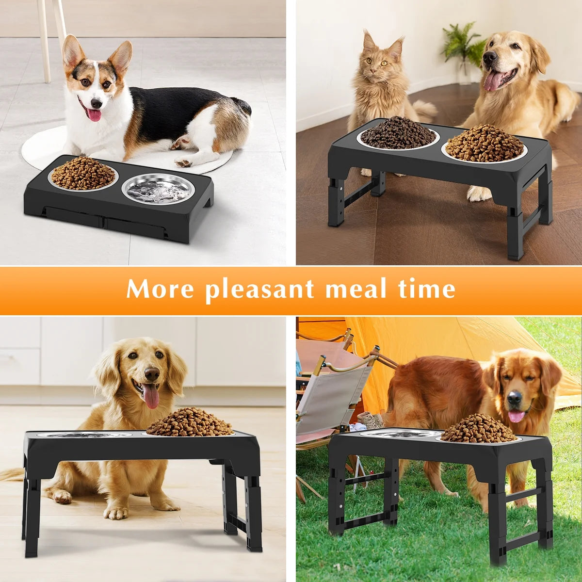 Adjustable Elevated Dog Bowls - 5 Heights, 2 Durable 42Oz Stainless Steel Bowls for All Dog Sizes - Sleek Black Design