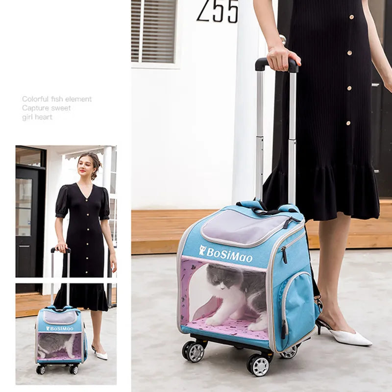 Portable Pet Cart Travel Transport Bag Transparent Bag Detachable Trolley Case Dog Cat Accessories Roller Luggage Backpack