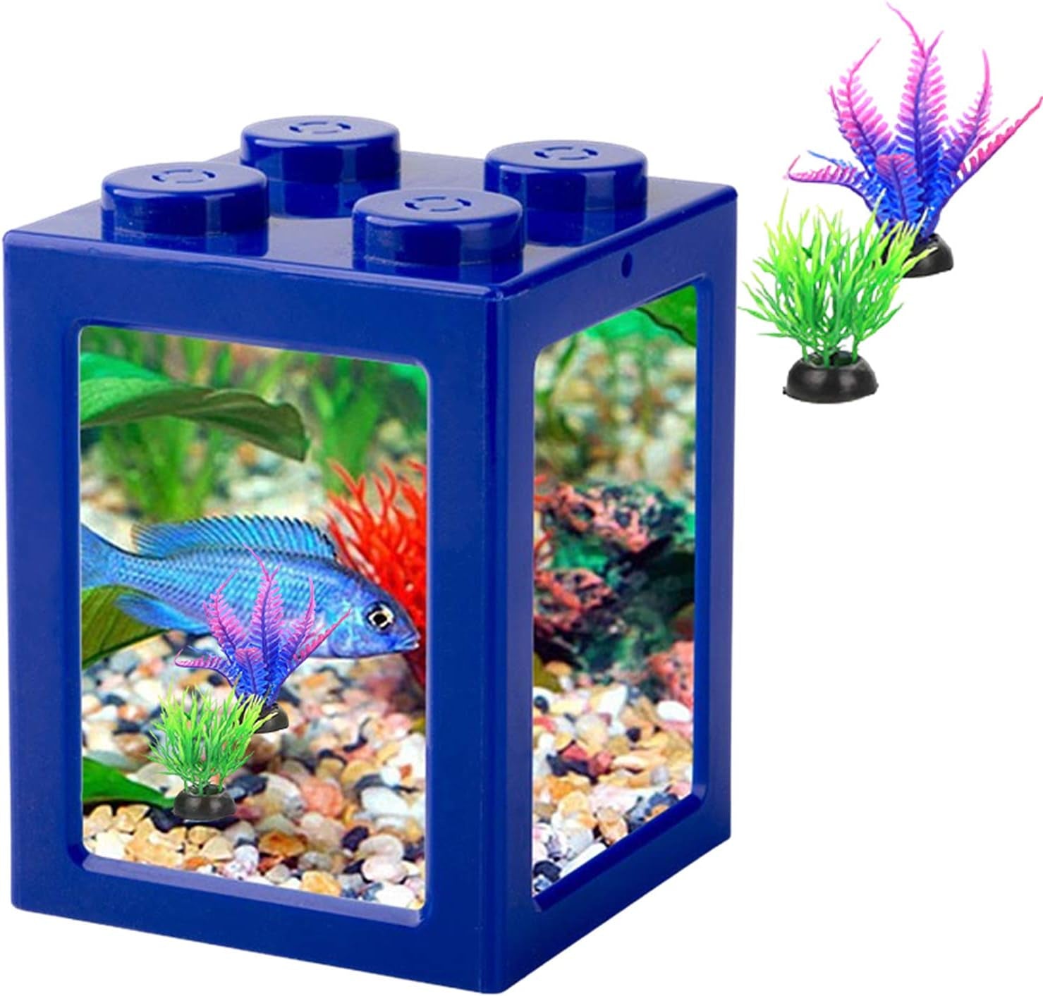 Stylish Stackable Mini Betta Fish Tank with Decor - Ideal for Ants and Small Reptiles (Blue)