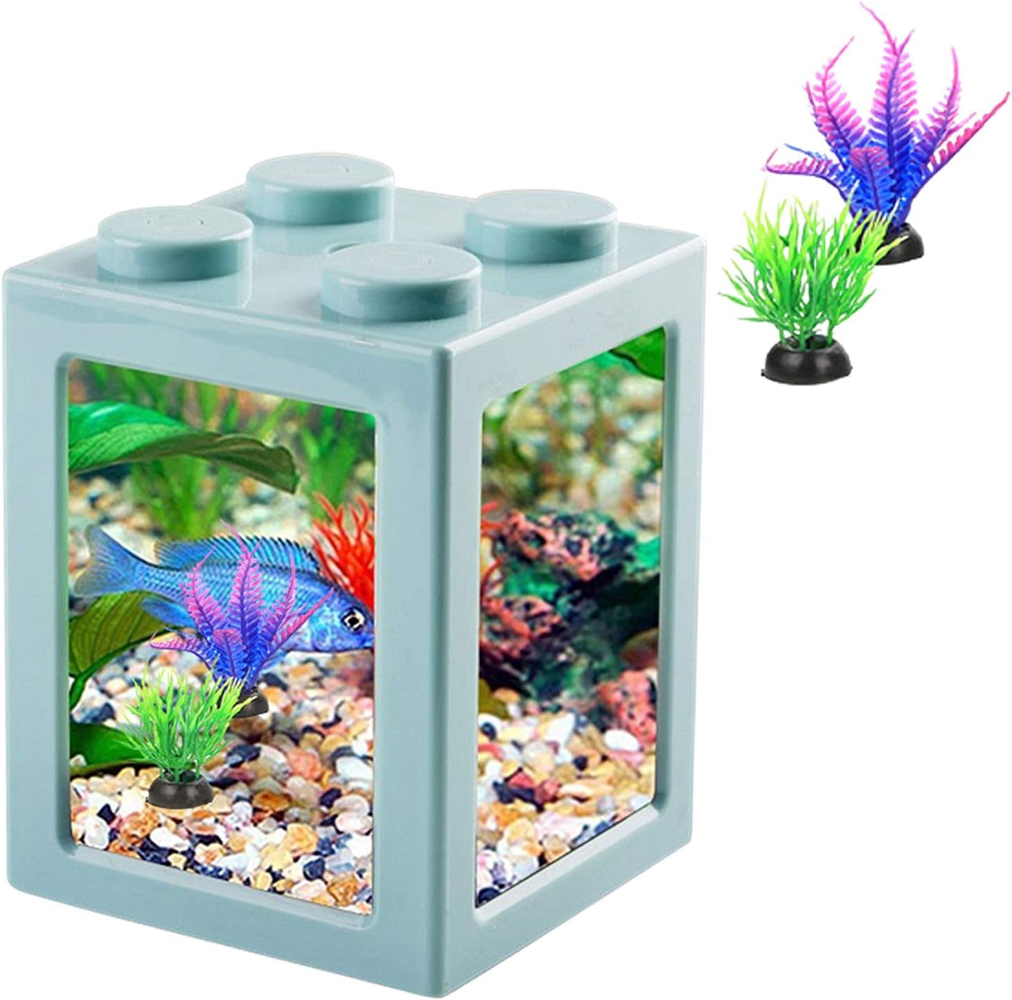 Stylish Stackable Mini Betta Fish Tank with Decor - Ideal for Ants and Small Reptiles (Blue)