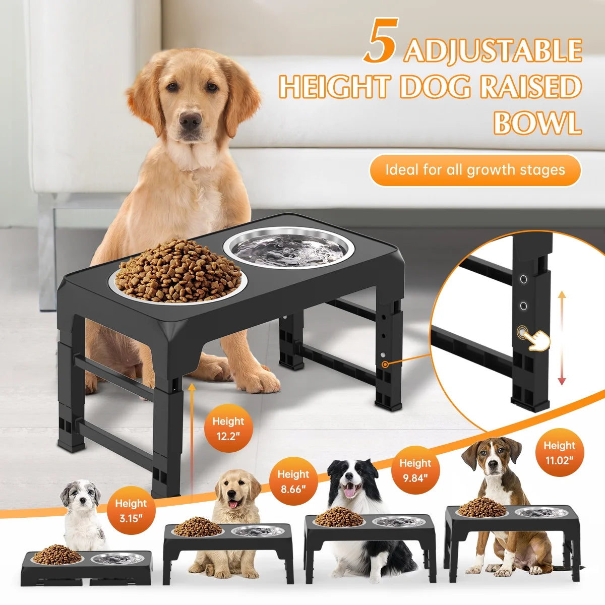 Adjustable Elevated Dog Bowls - 5 Heights, 2 Durable 42Oz Stainless Steel Bowls for All Dog Sizes - Sleek Black Design