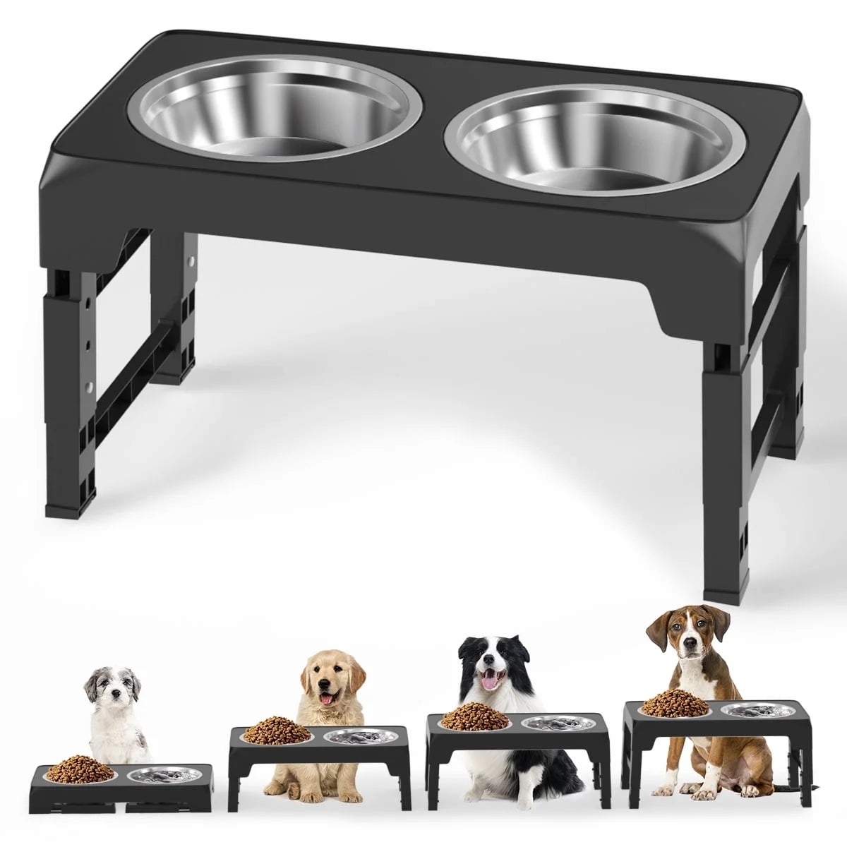 Adjustable Elevated Dog Bowls - 5 Heights, 2 Durable 42Oz Stainless Steel Bowls for All Dog Sizes - Sleek Black Design