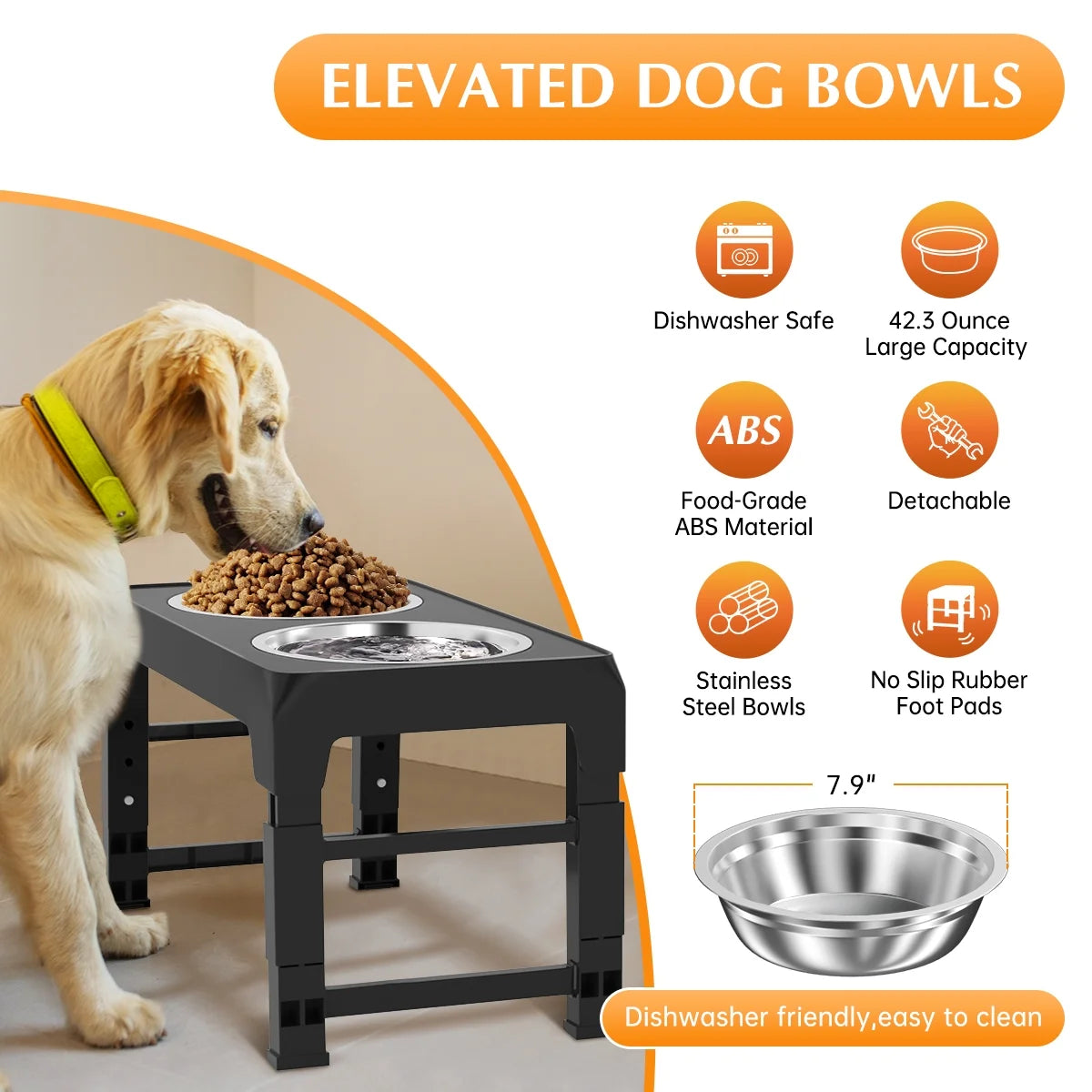 Adjustable Elevated Dog Bowls - 5 Heights, 2 Durable 42Oz Stainless Steel Bowls for All Dog Sizes - Sleek Black Design