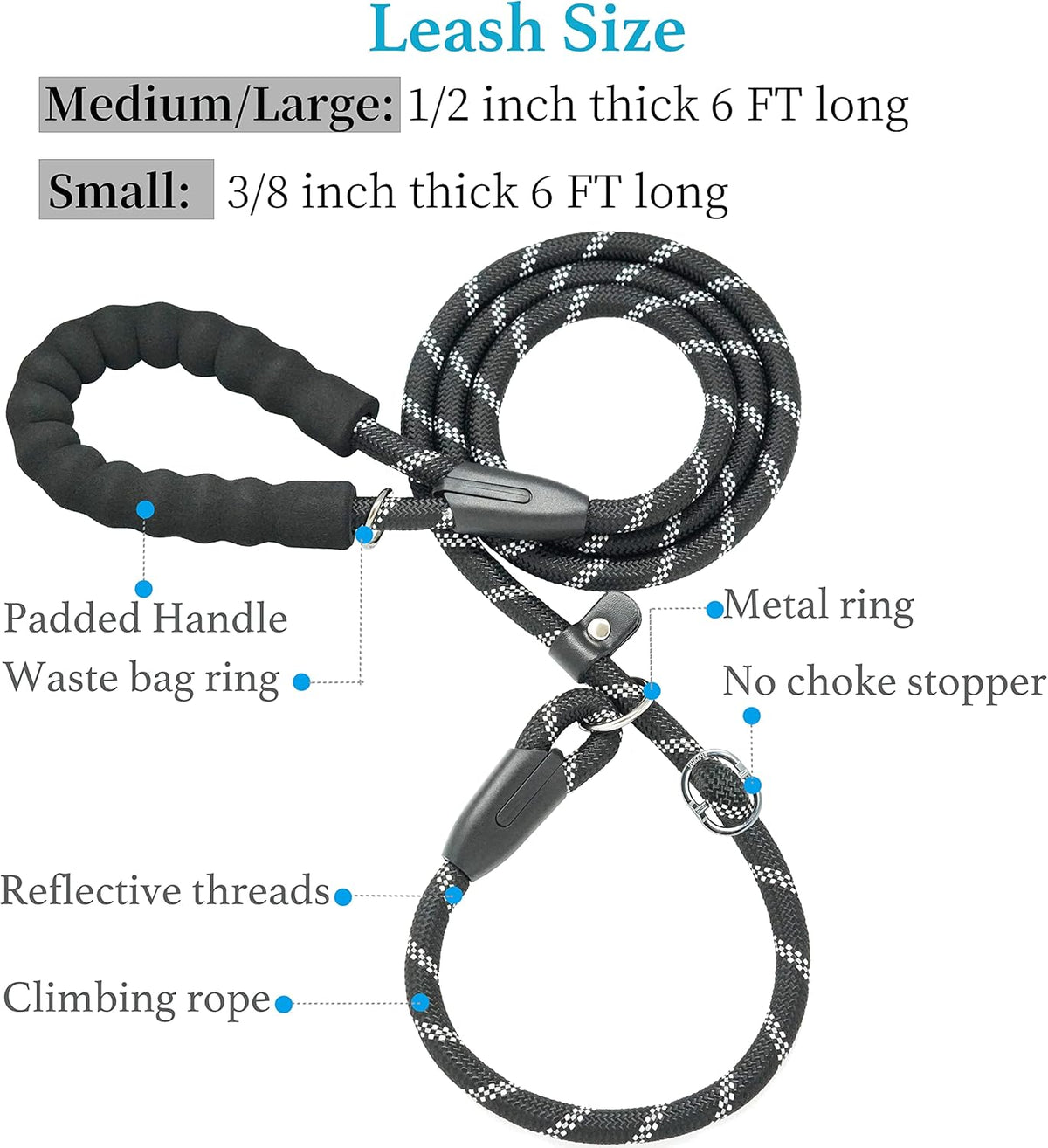 Durable Slip Lead Dog Leash with Padded Handle and Highly Reflective Threads, No Pull Dog Training Leash, (3/8" X 6 FT, Black) by Furry Buddy | Best Price Online