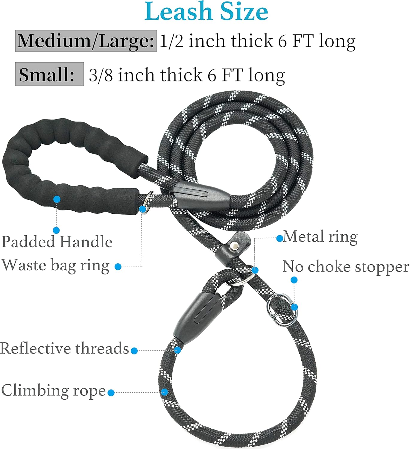 Durable Slip Lead Dog Leash with Padded Handle and Highly Reflective Threads, No Pull Dog Training Leash, (3/8" X 6 FT, Black) by Furry Buddy | Best Price Online