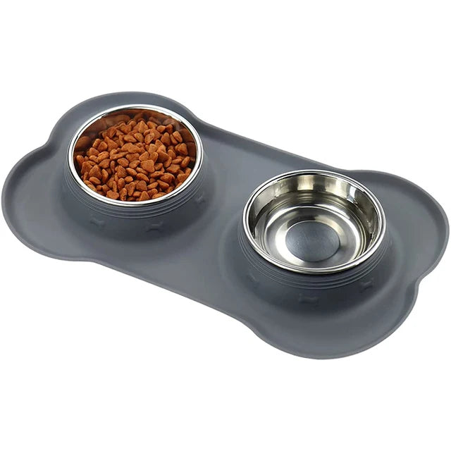 Antislip Double Dog Bowl With Silicone Mat Durable Stainless Steel Water Food Feeder Pet Feeding Drinking Bowls for Dogs Cats